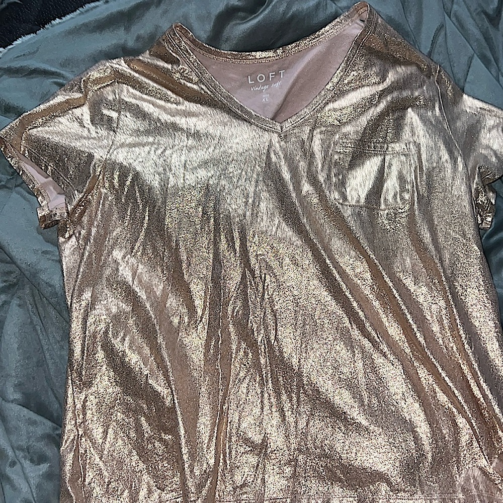 Loft Womens Vintage Soft Pocket Tee Metallic Rose Gold V-Neck T-Shirt Cotton XL